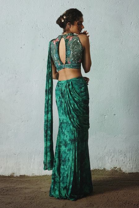Basil Leaf Tonal Print Pre-Draped Saree With Blouse 