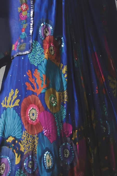 Basil Leaf_Blue Chiffon Embroidery, Sequins Round Neck, Floral Printed Pleated Lehenga Set _Online_at_Aza_Fashions