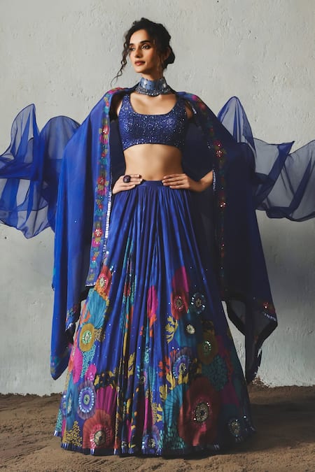 Basil Leaf Floral Blue Printed Pleated Lehenga Set 
