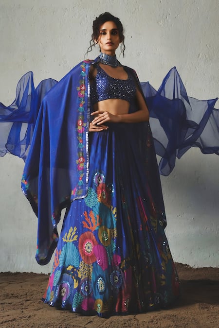 Buy_Basil Leaf_Blue Chiffon Embroidery, Sequins Round Neck, Floral Printed Pleated Lehenga Set _Online_at_Aza_Fashions