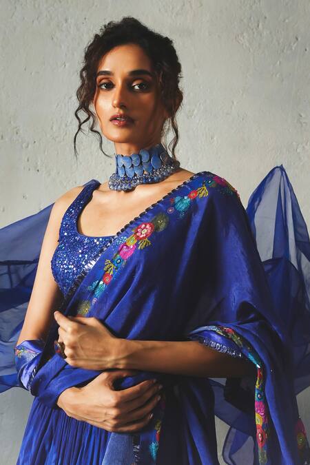 Shop_Basil Leaf_Blue Chiffon Embroidery, Sequins Round Neck, Floral Printed Pleated Lehenga Set _Online_at_Aza_Fashions
