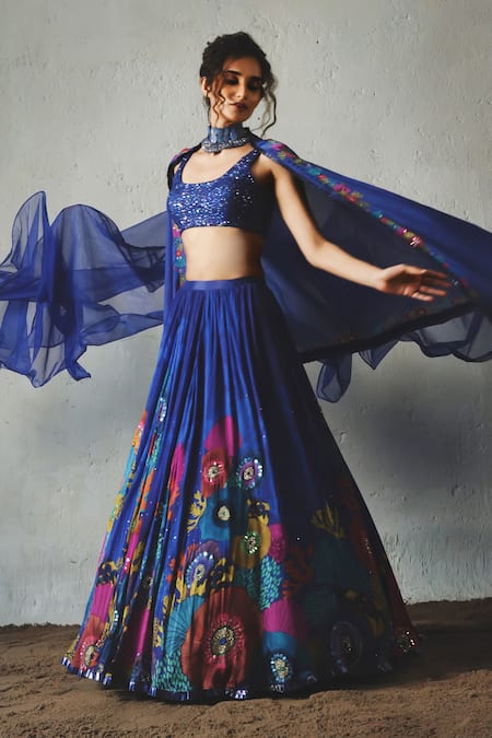 Basil Leaf_Blue Chiffon Embroidery, Sequins Round Neck, Floral Printed Pleated Lehenga Set _at_Aza_Fashions