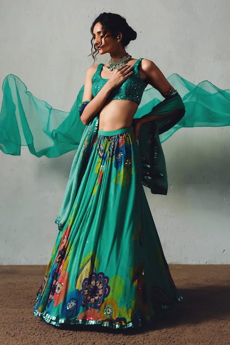 Buy_Basil Leaf_Aqua Chiffon Sequins, Embroidery Round Neck, Scoop Floral Printed Lehenga Set _Online_at_Aza_Fashions