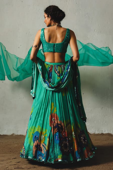 Basil Leaf Floral Aqua Printed Lehenga Set 