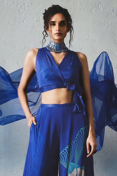 Basil Leaf_Blue Chiffon Embroidery, Sequins V-neck Top With Palazzo _Online_at_Aza_Fashions