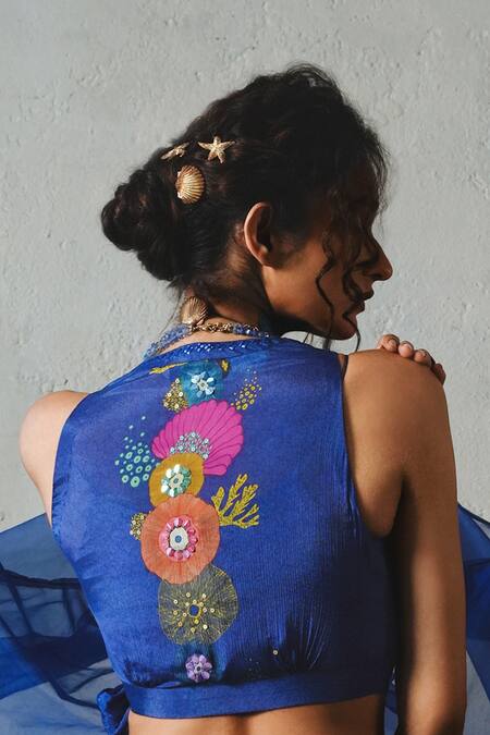 Buy_Basil Leaf_Blue Chiffon Embroidery, Sequins V-neck Top With Palazzo _Online_at_Aza_Fashions