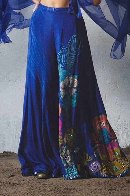 Shop_Basil Leaf_Blue Chiffon Embroidery, Sequins V-neck Top With Palazzo _Online_at_Aza_Fashions