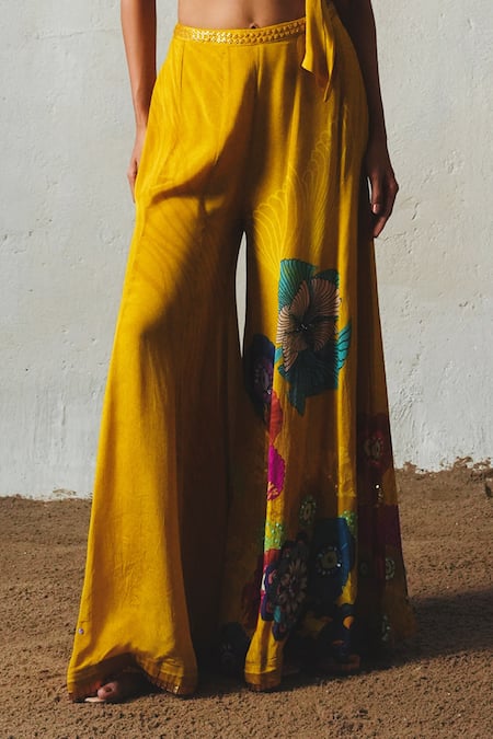 Basil Leaf_Yellow Chiffon Embroidery, Sequins V-neck Top With Palazzo _Online_at_Aza_Fashions