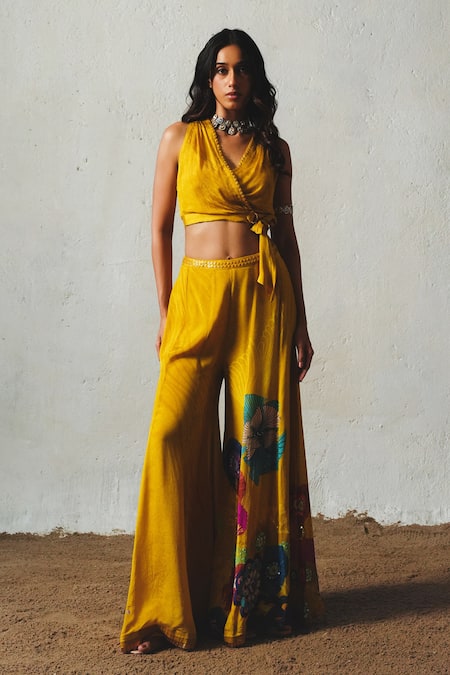 Shop_Basil Leaf_Yellow Chiffon Embroidery, Sequins V-neck Top With Palazzo _Online_at_Aza_Fashions