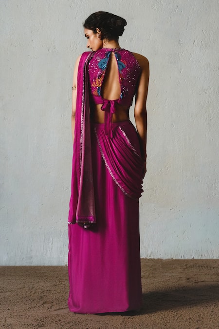 Basil Leaf Printed Pre-Draped Saree With Blouse 