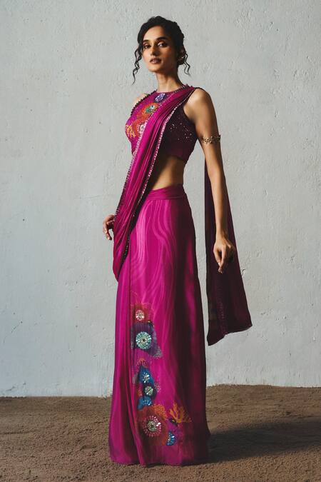 Basil Leaf_Pink Chiffon Sequins, Stones Halter Neck Printed Pre-draped Saree With Blouse _Online_at_Aza_Fashions