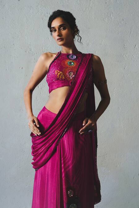 Shop_Basil Leaf_Pink Chiffon Sequins, Stones Halter Neck Printed Pre-draped Saree With Blouse _Online_at_Aza_Fashions