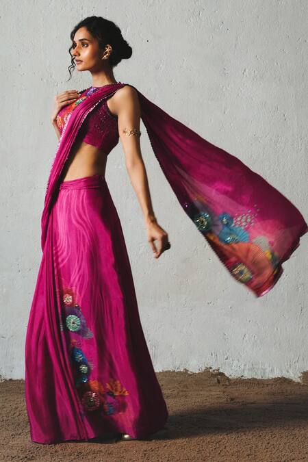 Basil Leaf_Pink Chiffon Sequins, Stones Halter Neck Printed Pre-draped Saree With Blouse _at_Aza_Fashions