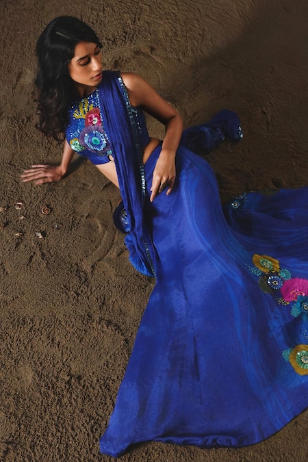 Basil Leaf_Blue Chiffon Sequins, Embroidery, Fabric Printed Pre-draped Saree With Blouse _Online_at_Aza_Fashions