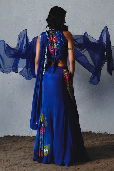 Buy_Basil Leaf_Blue Chiffon Sequins, Embroidery, Fabric Printed Pre-draped Saree With Blouse _Online_at_Aza_Fashions