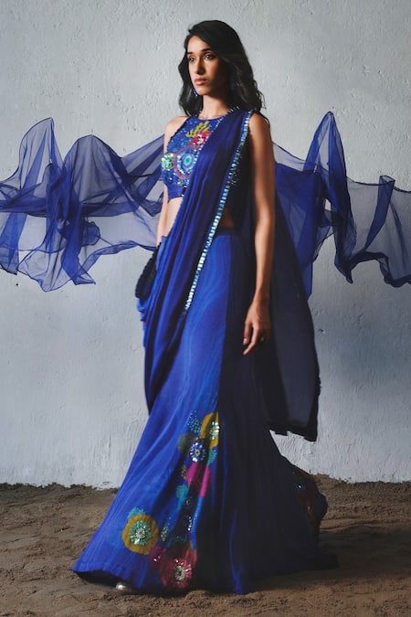 Shop_Basil Leaf_Blue Chiffon Sequins, Embroidery, Fabric Printed Pre-draped Saree With Blouse _Online_at_Aza_Fashions