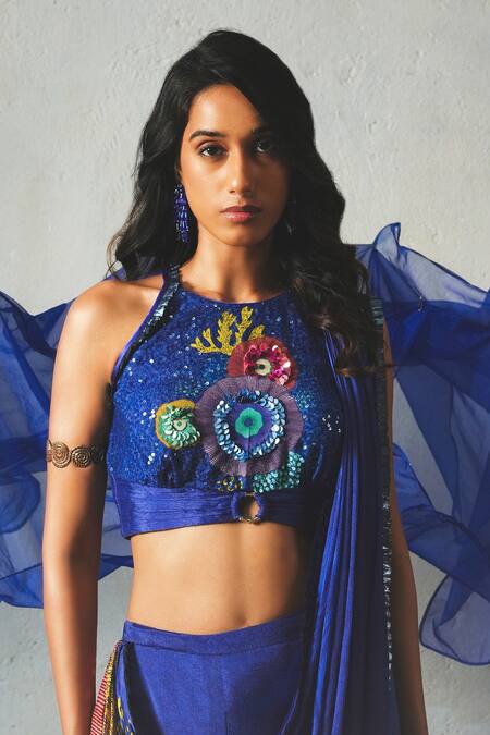 Basil Leaf_Blue Chiffon Sequins, Embroidery, Fabric Printed Pre-draped Saree With Blouse _at_Aza_Fashions