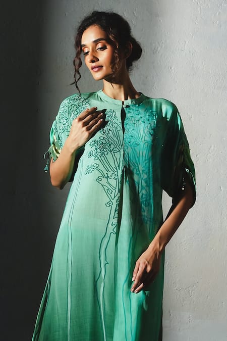 Shop_Basil Leaf_Aqua Crepe Mandarin Collar, Split V-neck Floral Printed Kurta And Pant Set _Online_at_Aza_Fashions