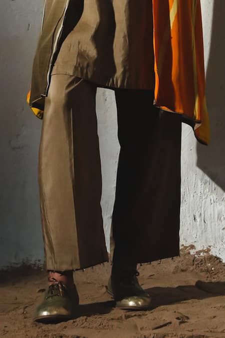 Basil Leaf_Orange Crepe, Linen, Silk Open , Round Printed Jacket And Kurta Set _Online_at_Aza_Fashions