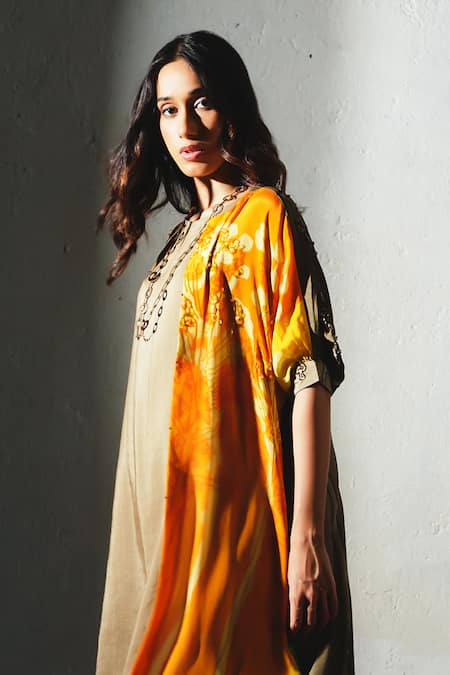 Buy_Basil Leaf_Orange Crepe, Linen, Silk Open , Round Printed Jacket And Kurta Set _Online_at_Aza_Fashions