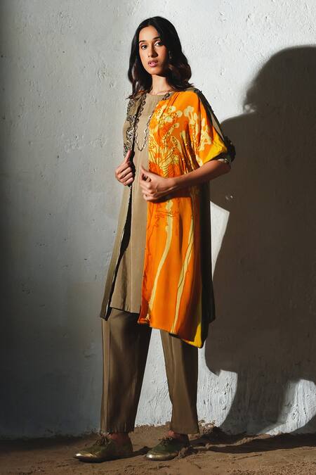 Shop_Basil Leaf_Orange Crepe, Linen, Silk Open , Round Printed Jacket And Kurta Set _Online_at_Aza_Fashions
