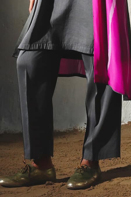 Basil Leaf_Gray Crepe, Linen, Silk Open Neck, Round Dual Tone Printed Jacket And Kurta Set _Online_at_Aza_Fashions