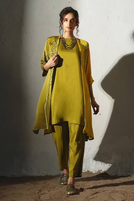 Buy_Basil Leaf_Yellow Crepe, Linen, Silk Open , Round Printed Jacket And Kurta Set _Online_at_Aza_Fashions