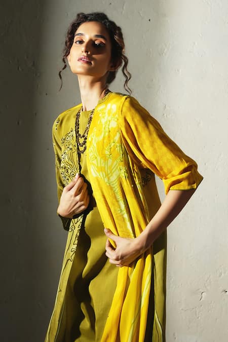 Shop_Basil Leaf_Yellow Crepe, Linen, Silk Open , Round Printed Jacket And Kurta Set _Online_at_Aza_Fashions