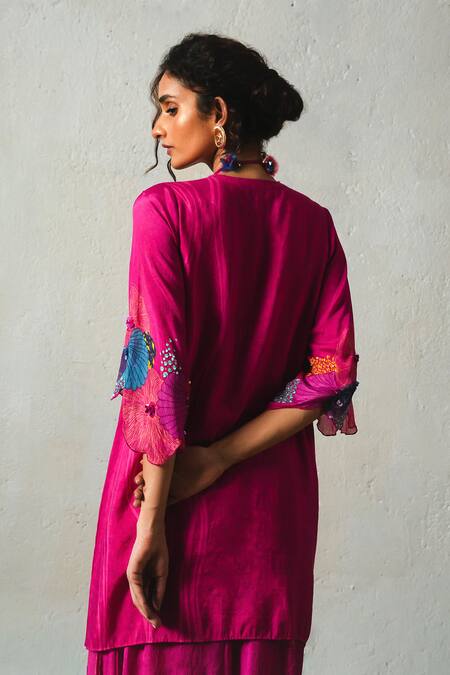 Basil Leaf_Pink Chiffon, Linen, Silk Sequins, Embroidery, Pom-poms Printed Kurta And Pant Set _Online_at_Aza_Fashions