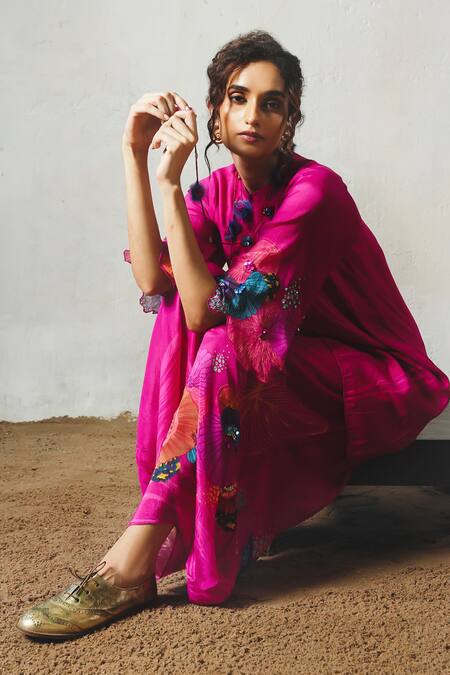 Buy_Basil Leaf_Pink Chiffon, Linen, Silk Sequins, Embroidery, Pom-poms Printed Kurta And Pant Set _Online_at_Aza_Fashions
