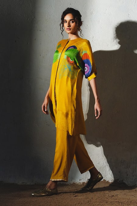 Shop_Basil Leaf_Yellow Linen, Silk, Shantoon Beads Round Neck, Split Printed Kurta And Pant Set _Online_at_Aza_Fashions