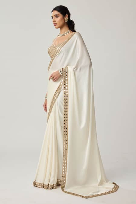 Vvani By Vani Vats_Off White Satin, Georgette Mirrors Sweetheart Neck Saree With Work Blouse _Online_at_Aza_Fashions