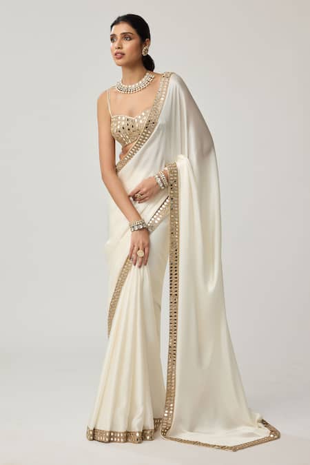 Buy_Vvani By Vani Vats_Off White Satin, Georgette Mirrors Sweetheart Neck Saree With Work Blouse _Online_at_Aza_Fashions