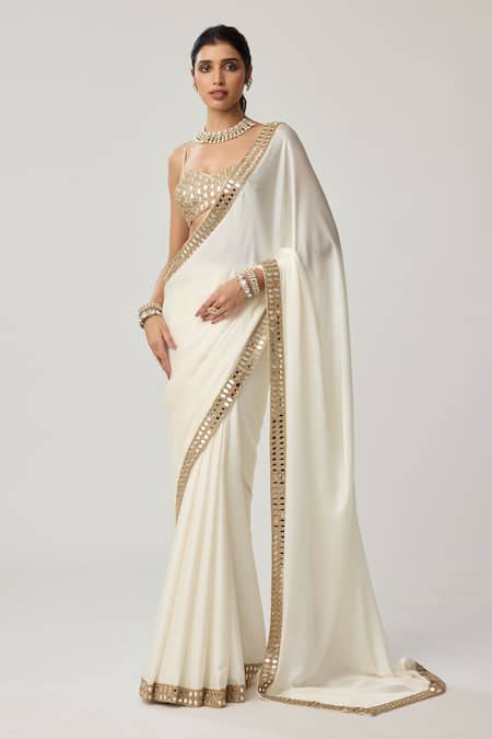 Shop_Vvani By Vani Vats_Off White Satin, Georgette Mirrors Sweetheart Neck Saree With Work Blouse _Online_at_Aza_Fashions