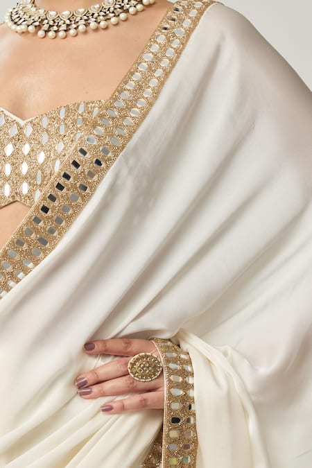 Vvani By Vani Vats_Off White Satin, Georgette Mirrors Sweetheart Neck Saree With Work Blouse _at_Aza_Fashions