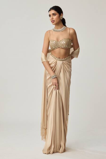 Buy_Vvani By Vani Vats_Beige Georgette, Satin Mirrors, Beads Sweetheart Neck Blouse And Draped Skirt Set _Online_at_Aza_Fashions