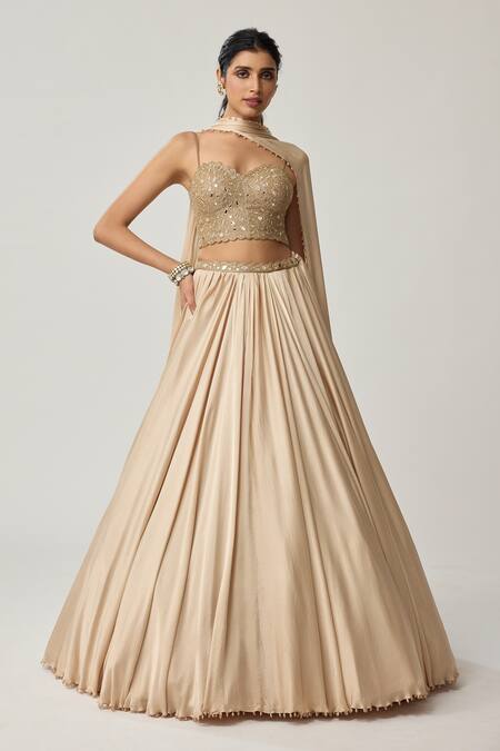 Buy Vvani By Vani Vats Beige Satin, Georgette Mirrors, Embroidery, Pom-poms Corset Blouse Lehenga Set Online at Aza Fashions Buy_Vvani By Vani Vats_Beige Satin, Georgette Mirrors, Embroidery, Pom-poms Corset Blouse Lehenga Set _Online_at_Aza_Fashions