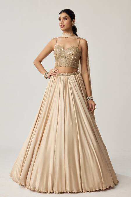 Shop Vvani By Vani Vats Beige Satin, Georgette Mirrors, Embroidery, Pom-poms Corset Blouse Lehenga Set Online at Aza Fashions Shop_Vvani By Vani Vats_Beige Satin, Georgette Mirrors, Embroidery, Pom-poms Corset Blouse Lehenga Set _Online_at_Aza_Fashions