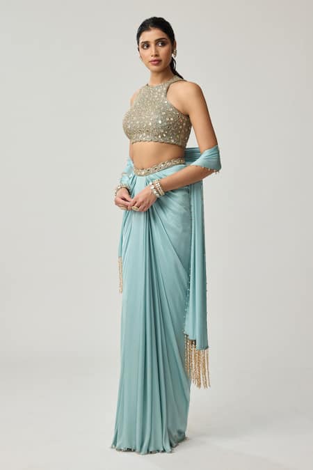 Vvani By Vani Vats_Gold Georgette, Satin Mirrors, Embroidery High Neck, Blouse And Draped Skirt Set _Online_at_Aza_Fashions