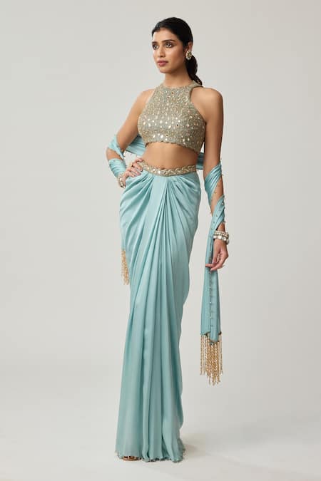 Buy_Vvani By Vani Vats_Gold Georgette, Satin Mirrors, Embroidery High Neck, Blouse And Draped Skirt Set _Online_at_Aza_Fashions