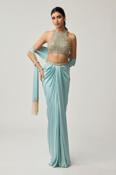 Shop_Vvani By Vani Vats_Gold Georgette, Satin Mirrors, Embroidery High Neck, Blouse And Draped Skirt Set _Online_at_Aza_Fashions