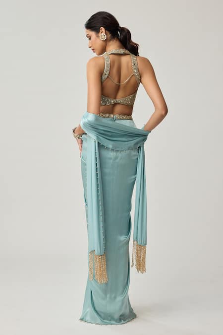 Vvani By Vani Vats Mirror Blouse & Satin Draped Skirt Set 