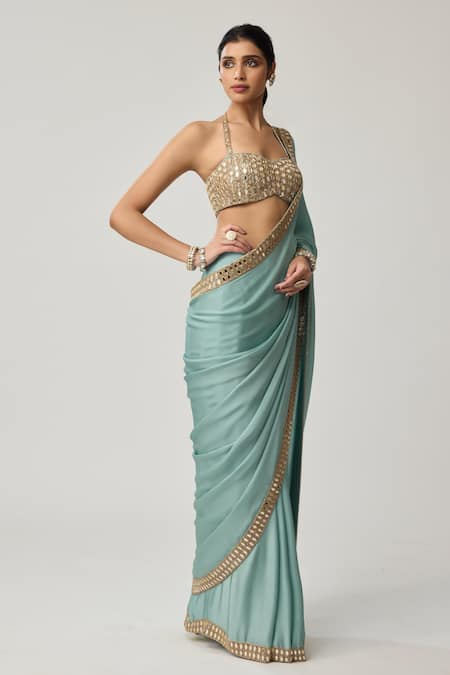 Vvani By Vani Vats_Aqua Satin, Georgette Mirrors, Metallic Thread, Embroidery Saree With Blouse _Online_at_Aza_Fashions