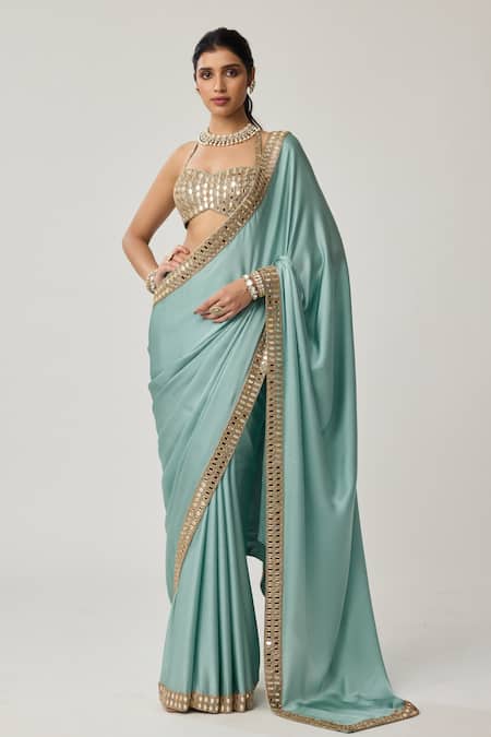 Buy_Vvani By Vani Vats_Aqua Satin, Georgette Mirrors, Metallic Thread, Embroidery Saree With Blouse _Online_at_Aza_Fashions