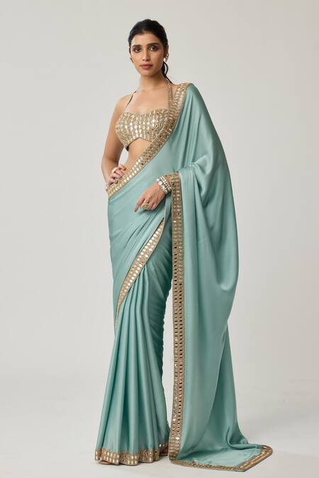Shop_Vvani By Vani Vats_Aqua Satin, Georgette Mirrors, Metallic Thread, Embroidery Saree With Blouse _Online_at_Aza_Fashions