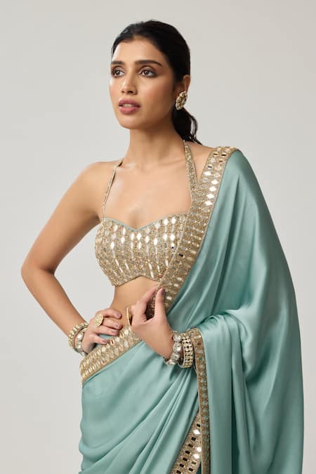 Vvani By Vani Vats_Aqua Satin, Georgette Mirrors, Metallic Thread, Embroidery Saree With Blouse _at_Aza_Fashions