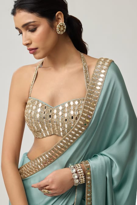 Shop_Vvani By Vani Vats_Aqua Satin, Georgette Mirrors, Metallic Thread, Embroidery Saree With Blouse 