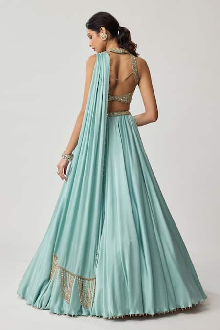 Vvani By Vani Vats Mirror Work Blouse Satin Lehenga Set 