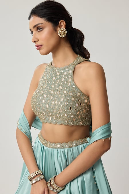 Buy Vvani By Vani Vats Sky Blue Satin, Georgette Mirrors, Beads High Neck, Work Blouse Lehenga Set Online at Aza Fashions Buy_Vvani By Vani Vats_Sky Blue Satin, Georgette Mirrors, Beads High Neck, Work Blouse Lehenga Set _Online_at_Aza_Fashions