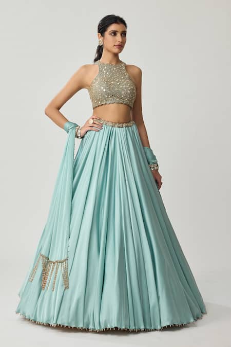 Shop Vvani By Vani Vats Sky Blue Satin, Georgette Mirrors, Beads High Neck, Work Blouse Lehenga Set Online at Aza Fashions Shop_Vvani By Vani Vats_Sky Blue Satin, Georgette Mirrors, Beads High Neck, Work Blouse Lehenga Set _Online_at_Aza_Fashions